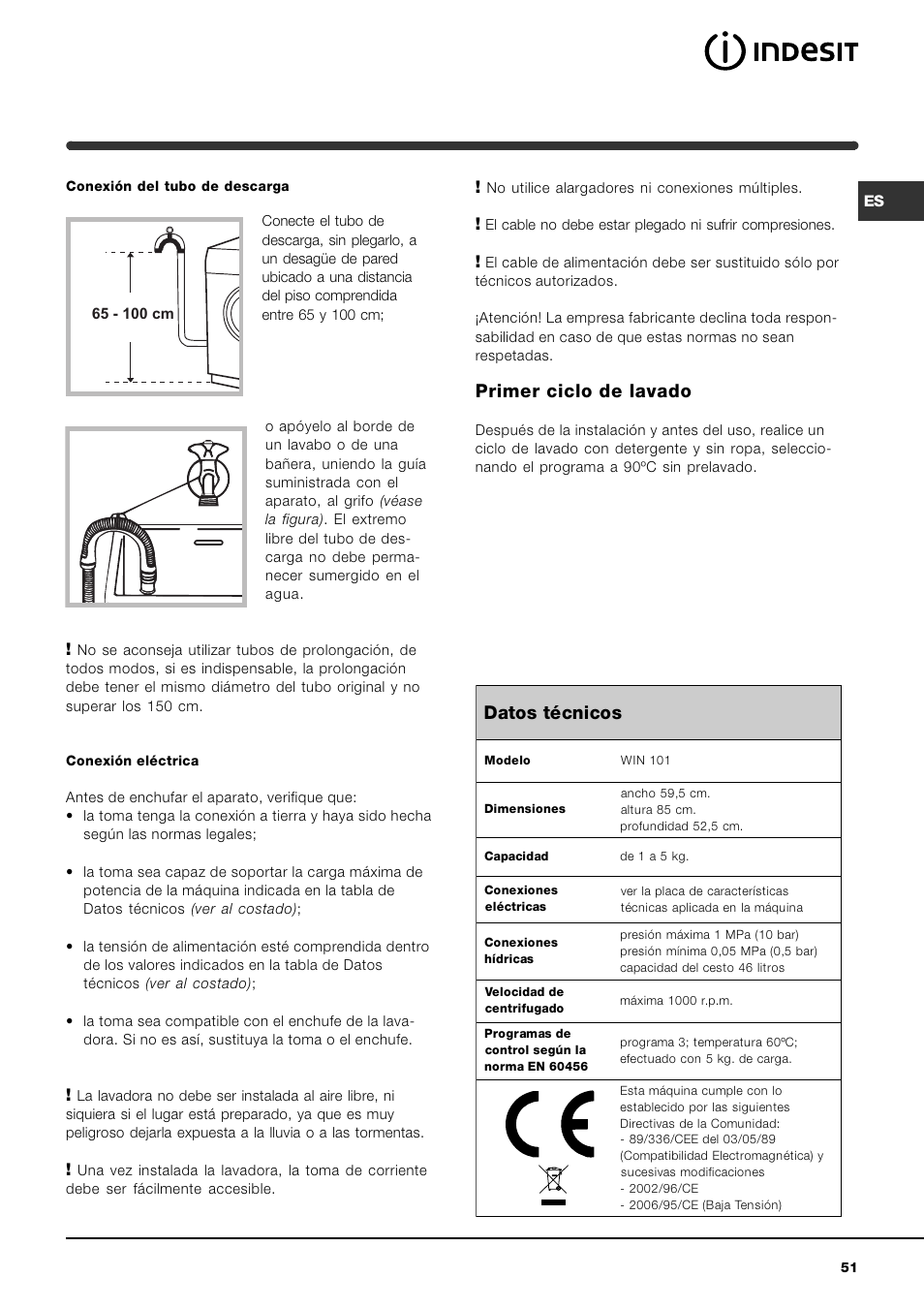 Primer ciclo de lavado, Datos técnicos | Indesit WIN 101 User Manual | Page 51 / 72