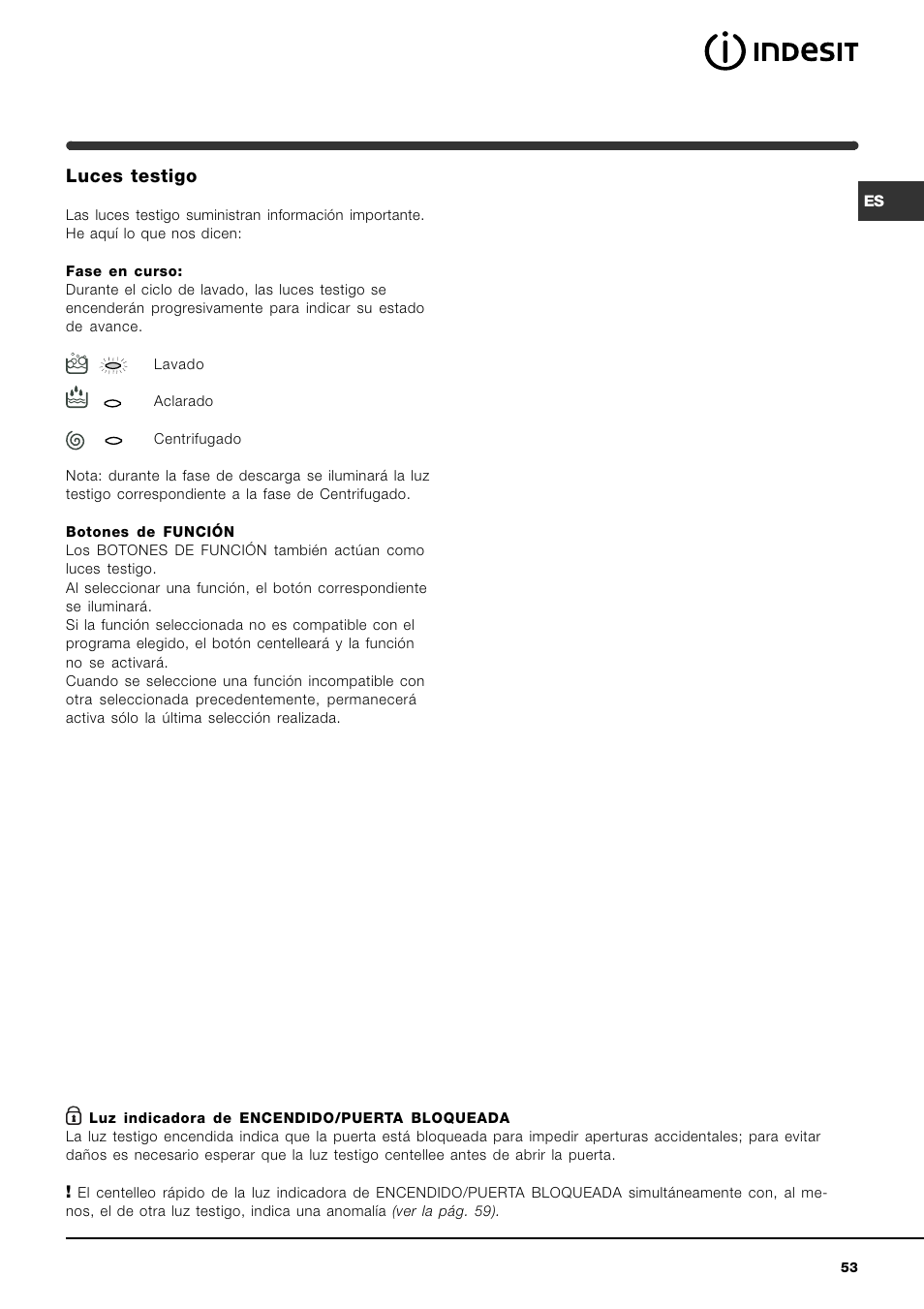 Luces testigo | Indesit WIN 101 User Manual | Page 53 / 72