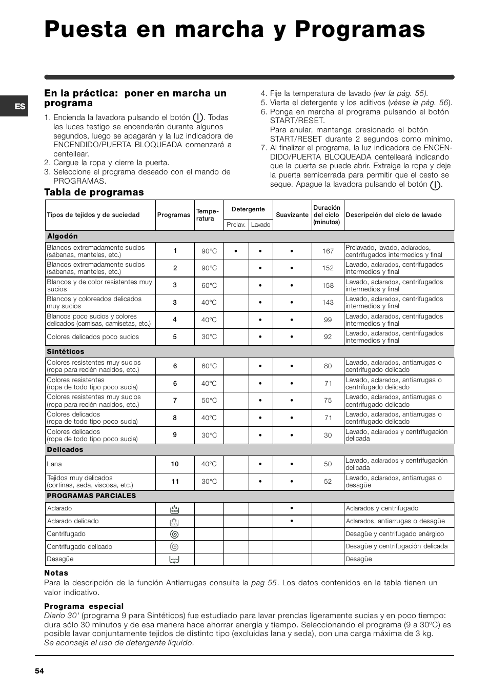 Puesta en marcha y programas | Indesit WIN 101 User Manual | Page 54 / 72