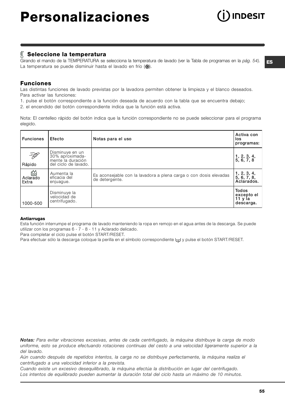 Personalizaciones, Seleccione la temperatura, Funciones | Indesit WIN 101 User Manual | Page 55 / 72