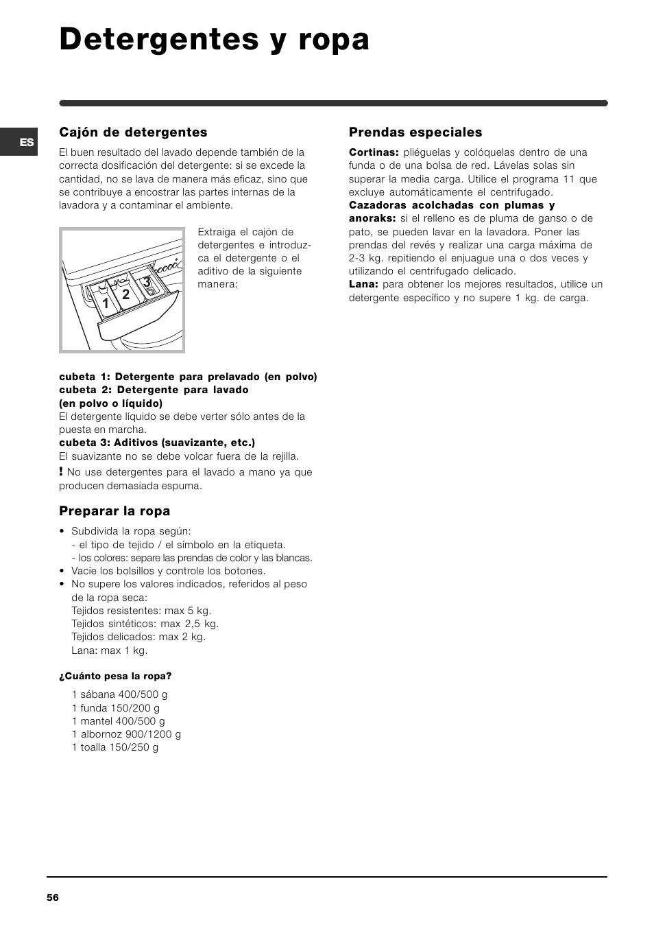 Detergentes y ropa | Indesit WIN 101 User Manual | Page 56 / 72
