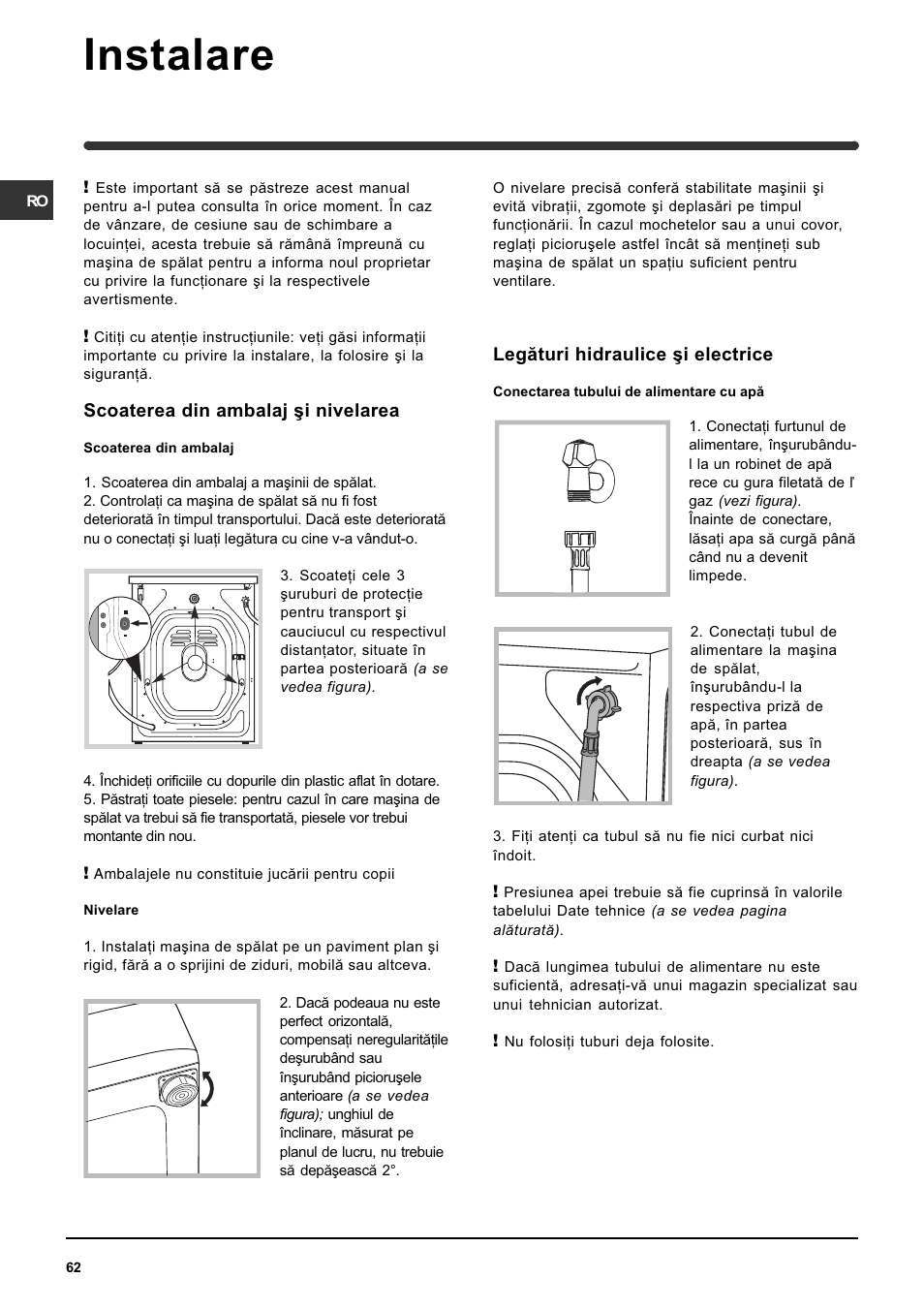 Instalare | Indesit WIN 101 User Manual | Page 62 / 72