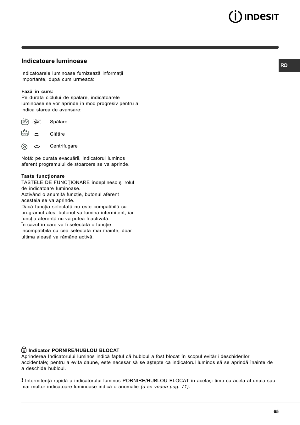 Indicatoare luminoase | Indesit WIN 101 User Manual | Page 65 / 72