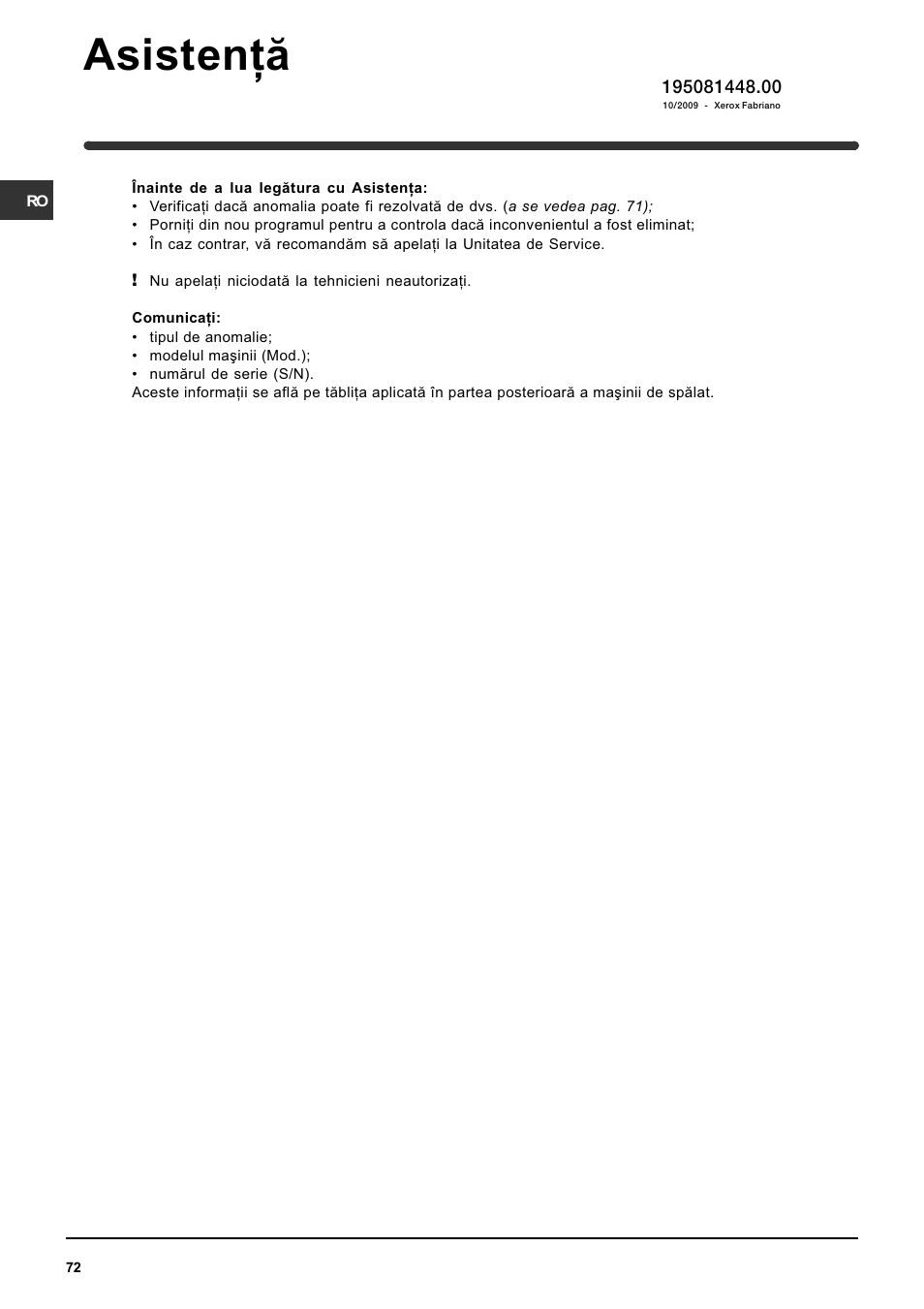 Asistenþã | Indesit WIN 101 User Manual | Page 72 / 72