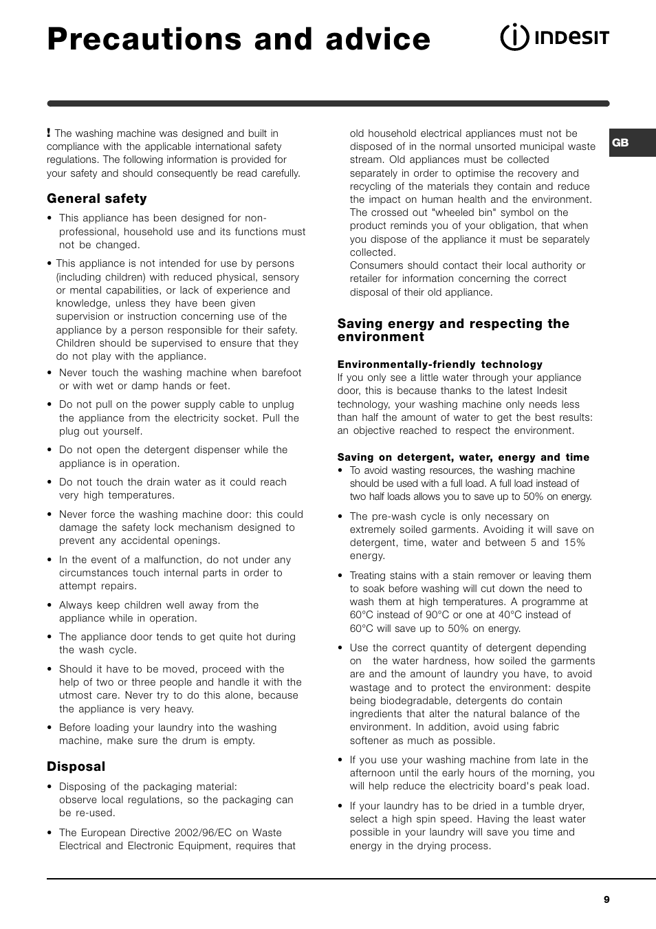Precautions and advice, General safety, Disposal | Saving energy and respecting the environment | Indesit WIN 101 User Manual | Page 9 / 72