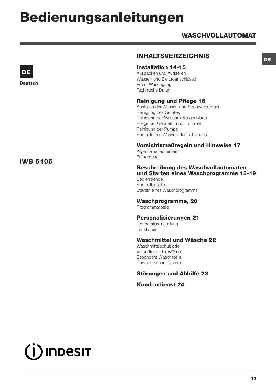 Bedienungsanleitungen | Indesit IWB 5105 User Manual | Page 13 / 84