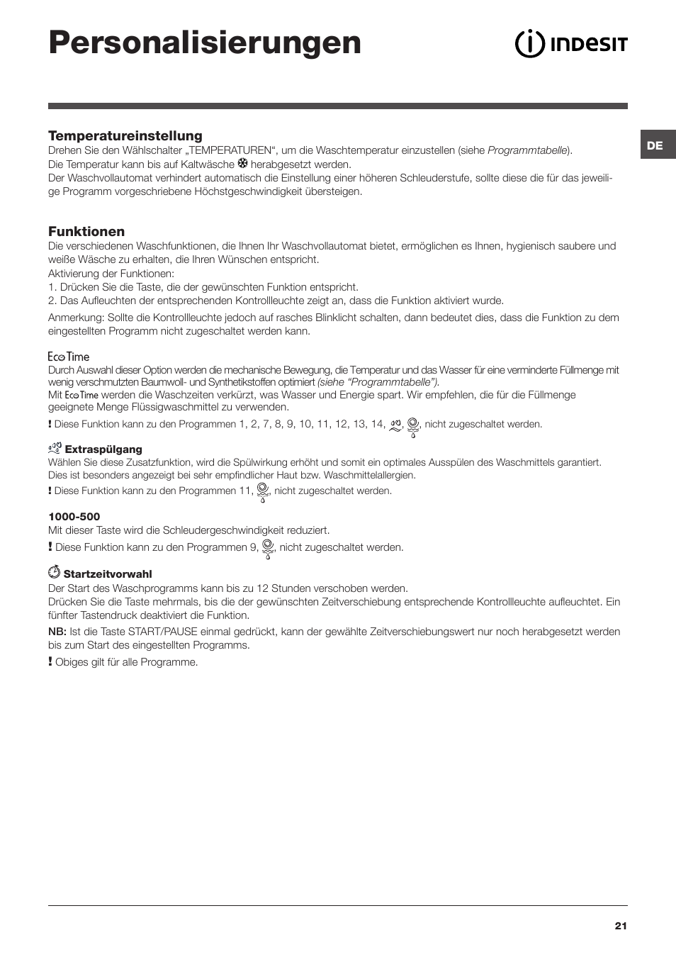 Personalisierungen | Indesit IWB 5105 User Manual | Page 21 / 84