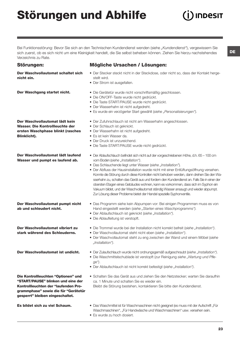 Störungen und abhilfe, Störungen, Mögliche ursachen / lösungen | Indesit IWB 5105 User Manual | Page 23 / 84