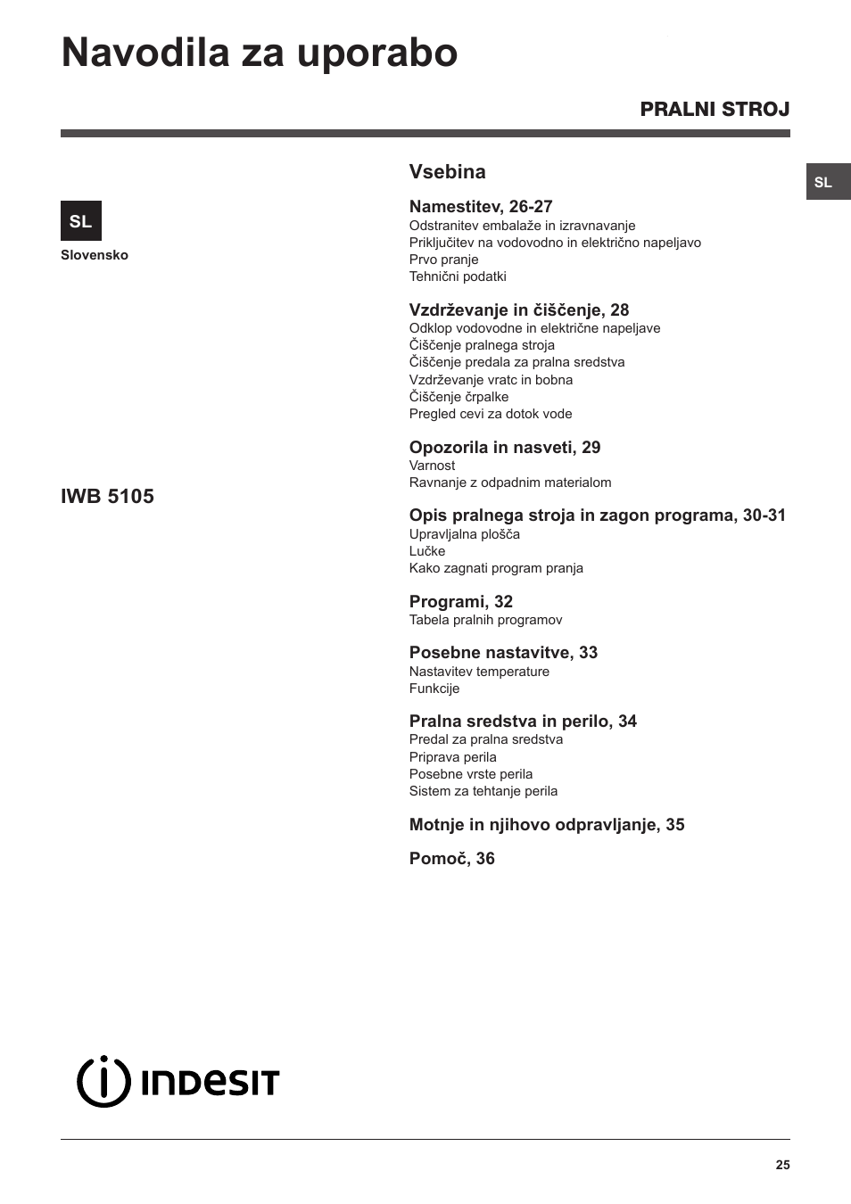 Navodila za uporabo, Vsebina, Iwb 5105 | Pralni stroj | Indesit IWB 5105 User Manual | Page 25 / 84