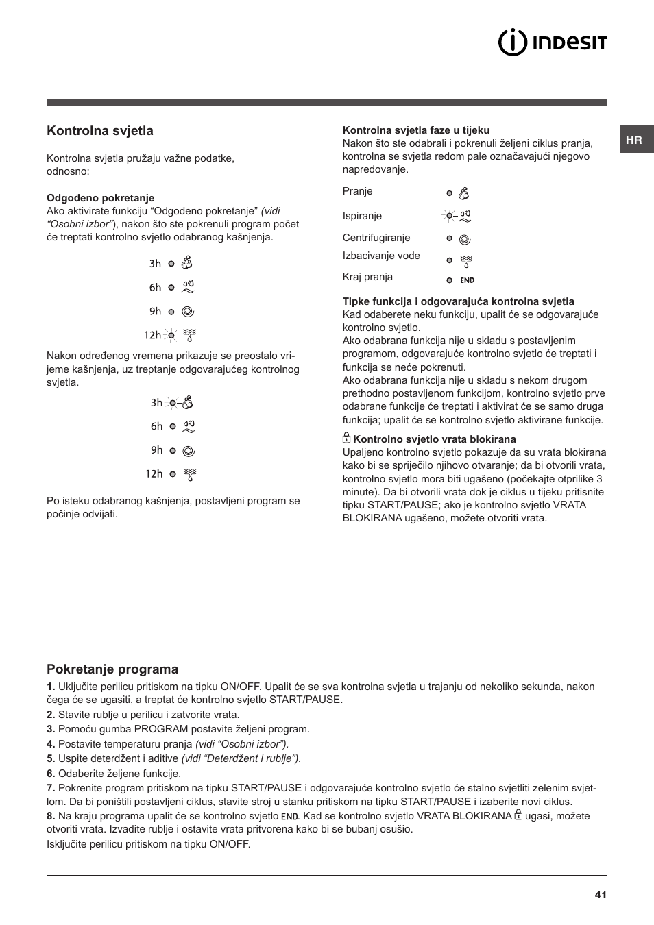 Kontrolna svjetla, Pokretanje programa | Indesit IWB 5105 User Manual | Page 41 / 84