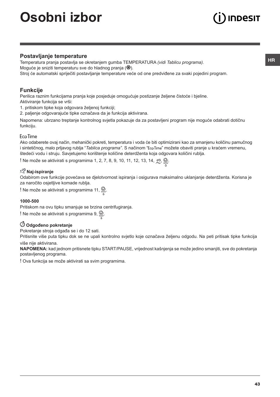 Osobni izbor | Indesit IWB 5105 User Manual | Page 43 / 84