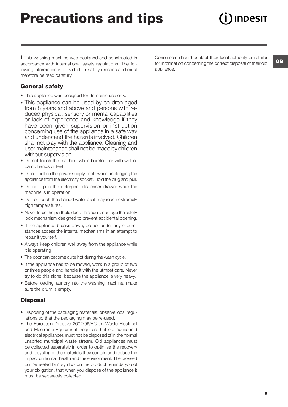 Precautions and tips | Indesit IWB 5105 User Manual | Page 5 / 84