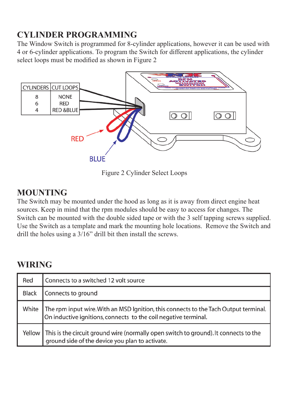 Cylinder programming, Mounting, Wiring | Nitrous Express NX RPM ACTIVATED WINDOW SWICH (18959M) User Manual | Page 2 / 4