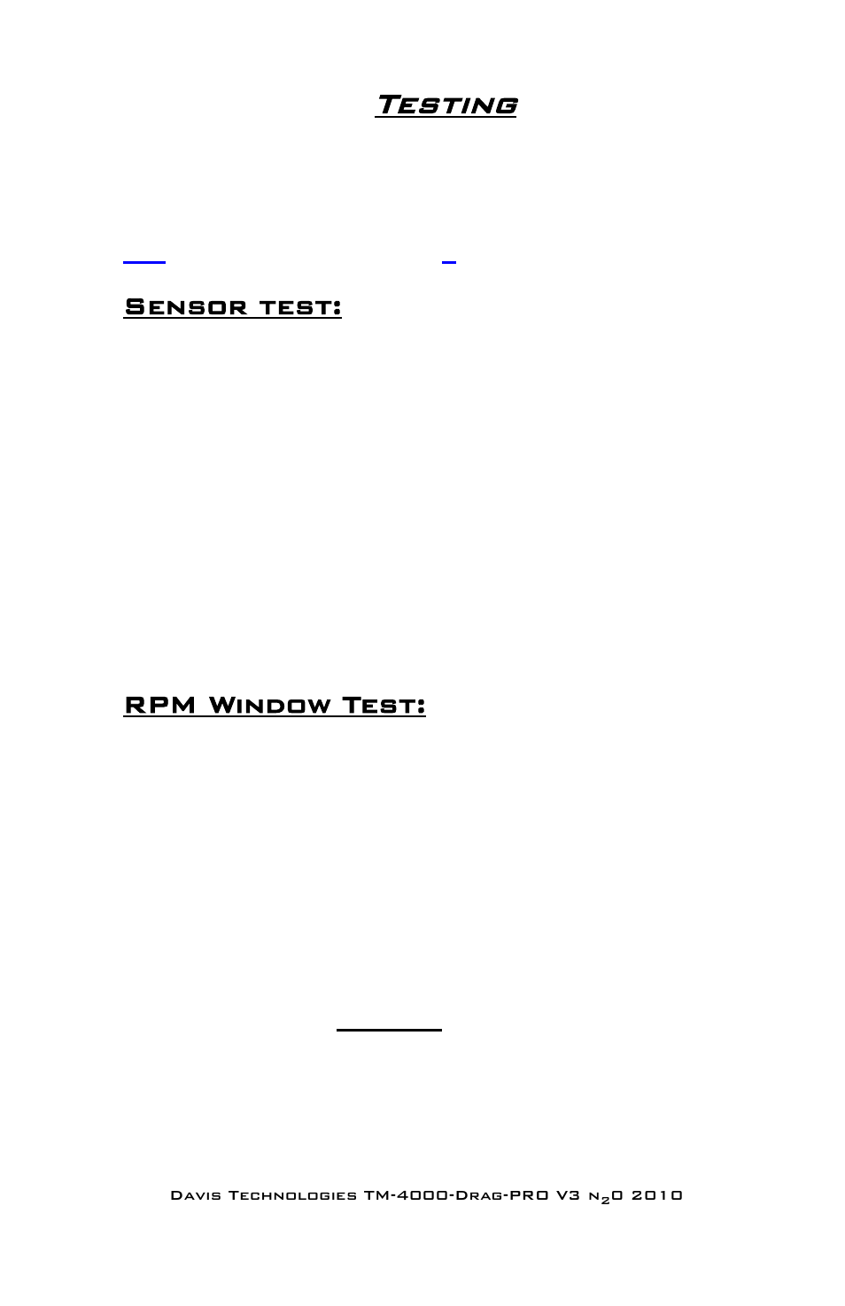 Testing, Sensor test, Rpm window test | Nitrous Express DRAG-Pro N2O User Manual | Page 9 / 28