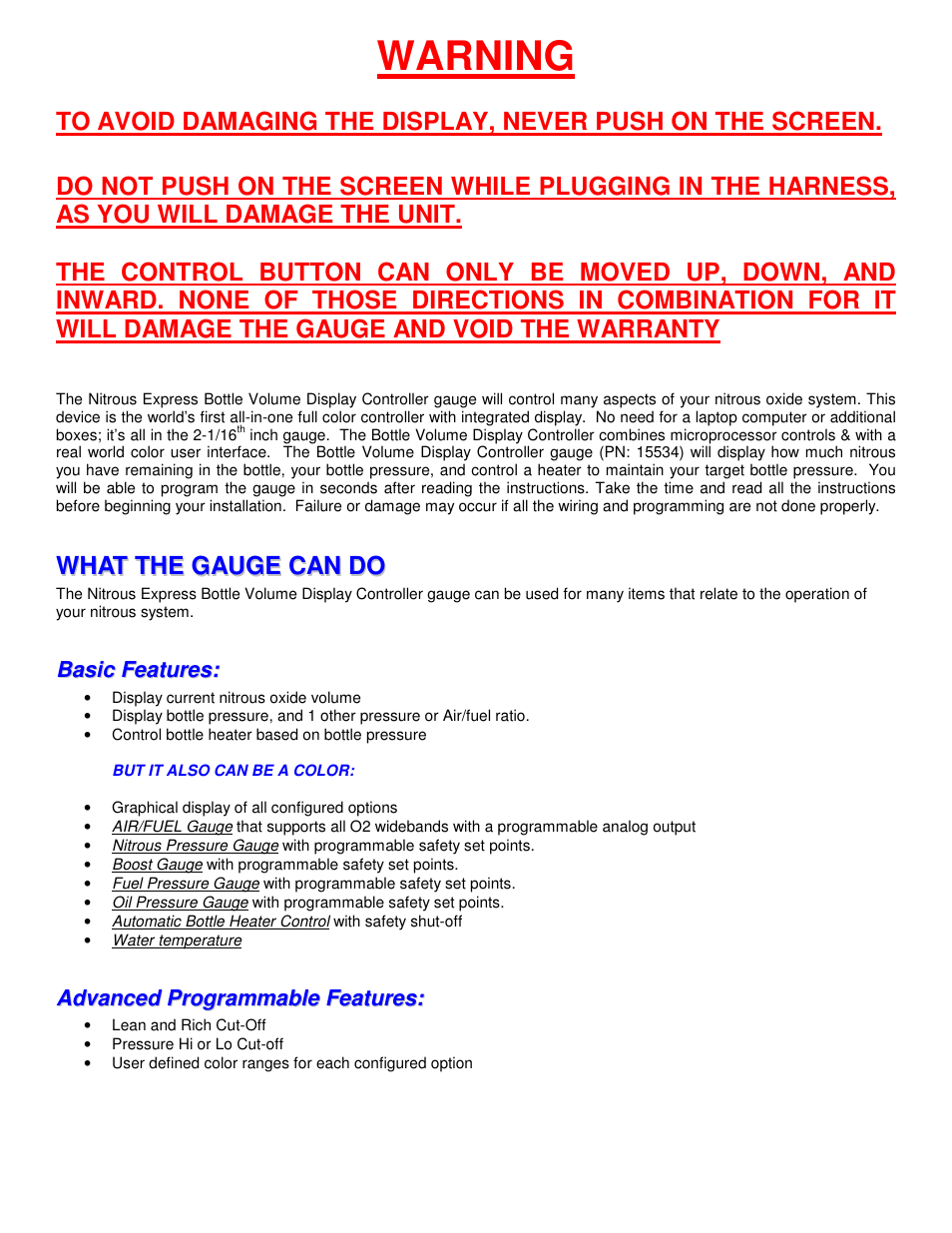 Warning | Nitrous Express Octane Series Bottle Volume User Manual | Page 3 / 14