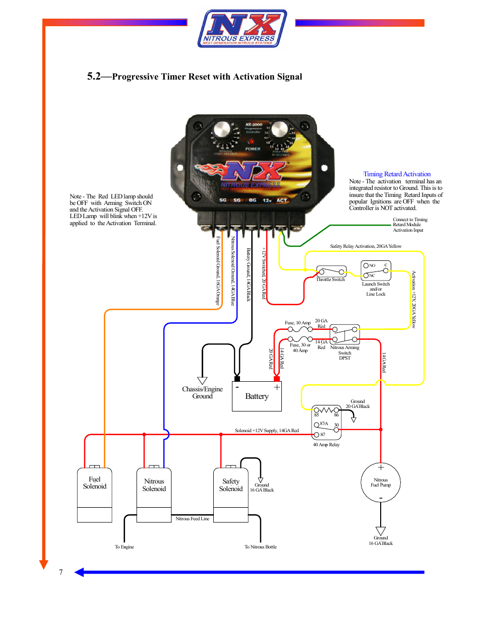 Progressive timer reset with activation signal, Battery, Chassis/engine ground | Safety solenoid nitrous solenoid fuel solenoid, Timing retard activation | Nitrous Express 2 Dial Progressive Controller (15835) User Manual | Page 7 / 11
