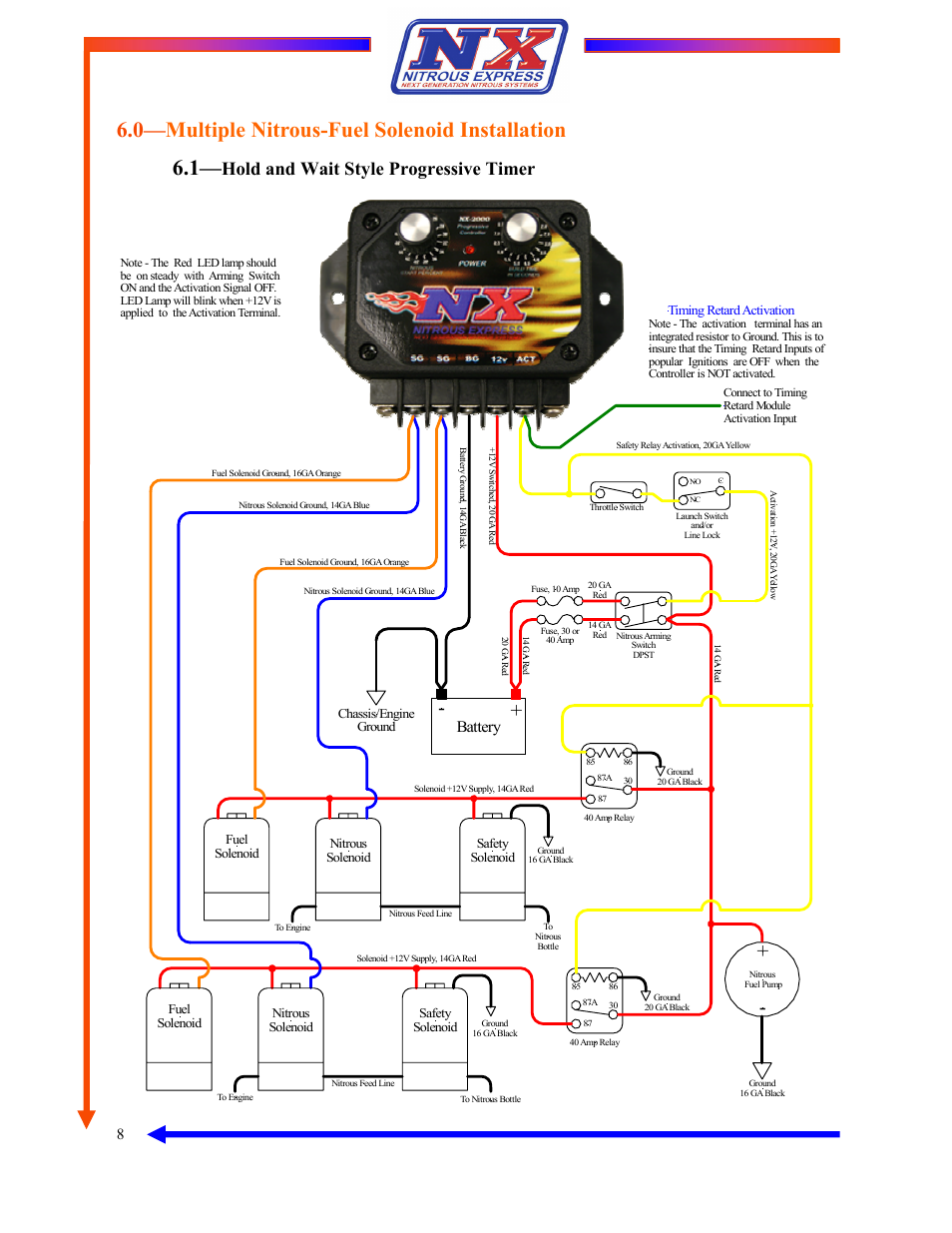 0— multiple nitrous-fuel solenoid installation, Hold and wait style progressive timer, Battery | Nitrous Express 2 Dial Progressive Controller (15835) User Manual | Page 8 / 11