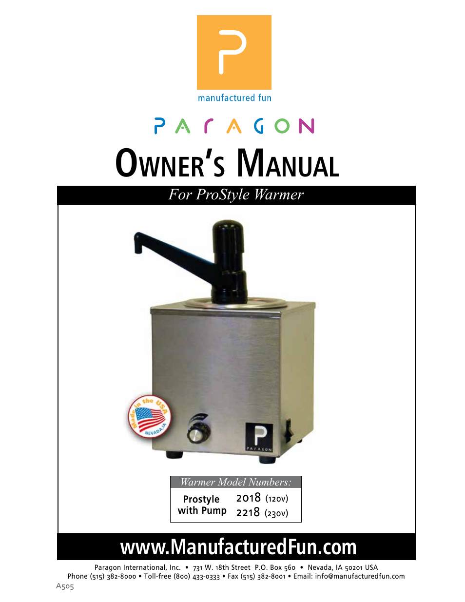 Paragon 2218 (230v) Prostyle with Pump User Manual | 6 pages