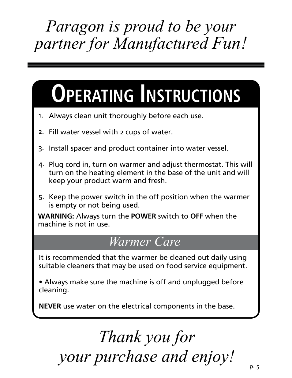 Perating, Nstructions, Warmer care | Paragon 2218 (230v) Prostyle with Pump User Manual | Page 5 / 6