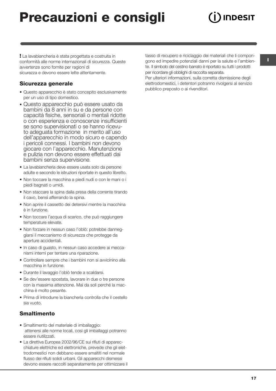 Precauzioni e consigli | Indesit IWTE 61281 ECO User Manual | Page 17 / 84