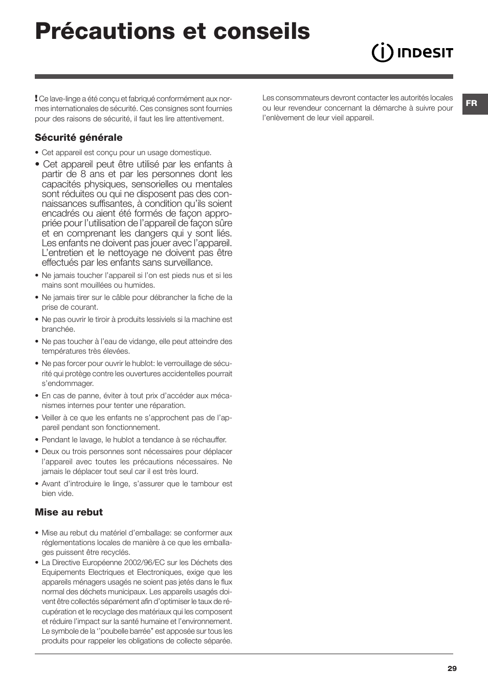 Précautions et conseils | Indesit IWTE 61281 ECO User Manual | Page 29 / 84