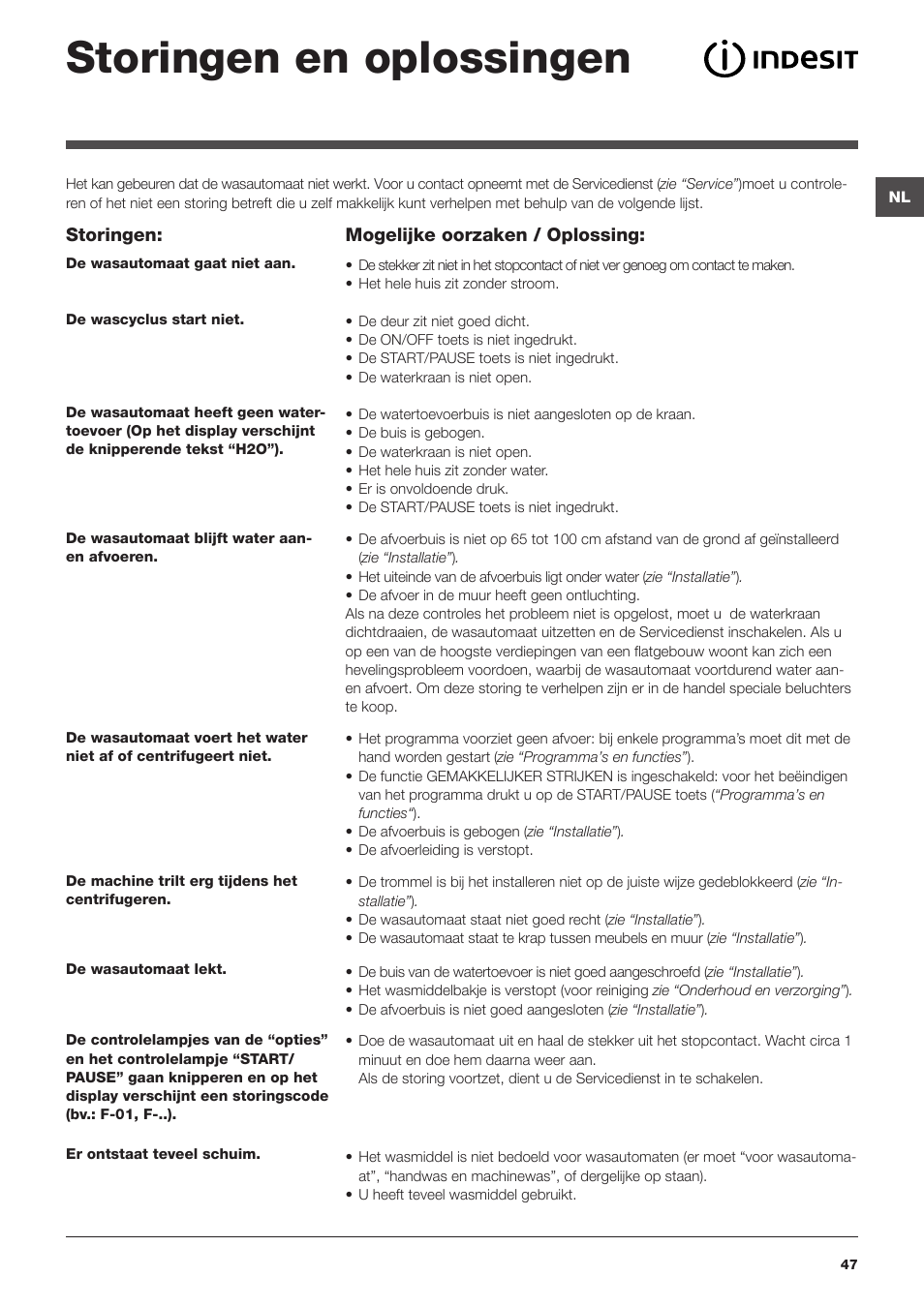 Storingen en oplossingen | Indesit IWTE 61281 ECO User Manual | Page 47 / 84