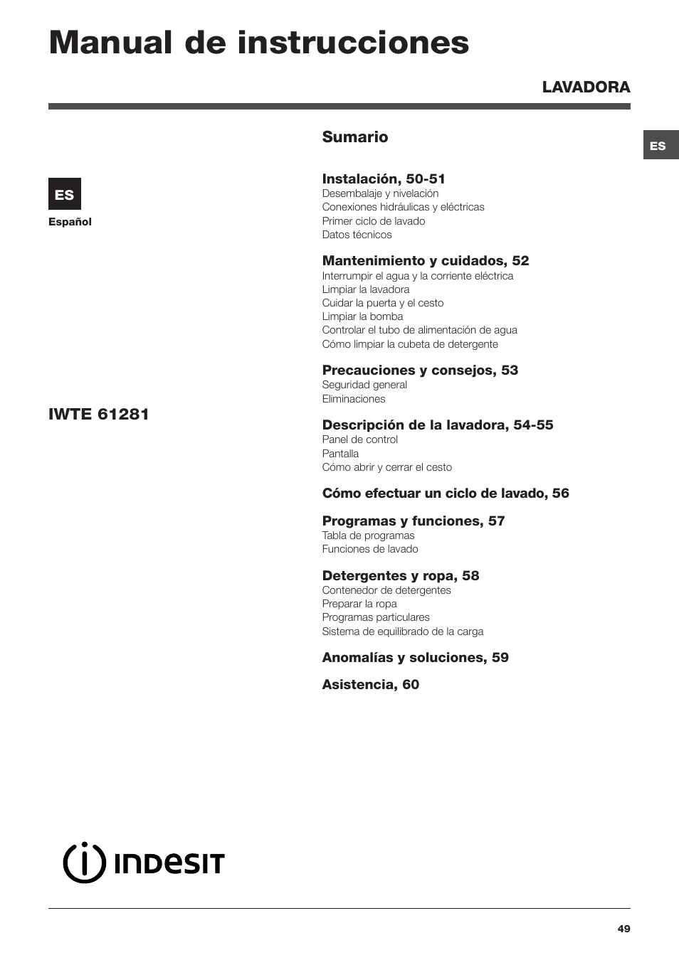 Manual de instrucciones | Indesit IWTE 61281 ECO User Manual | Page 49 / 84