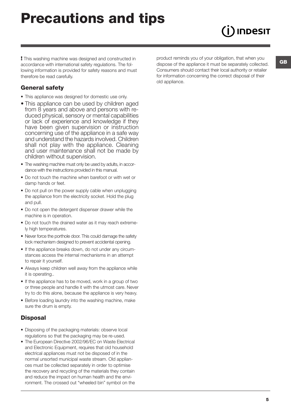 Precautions and tips | Indesit IWTE 61281 ECO User Manual | Page 5 / 84