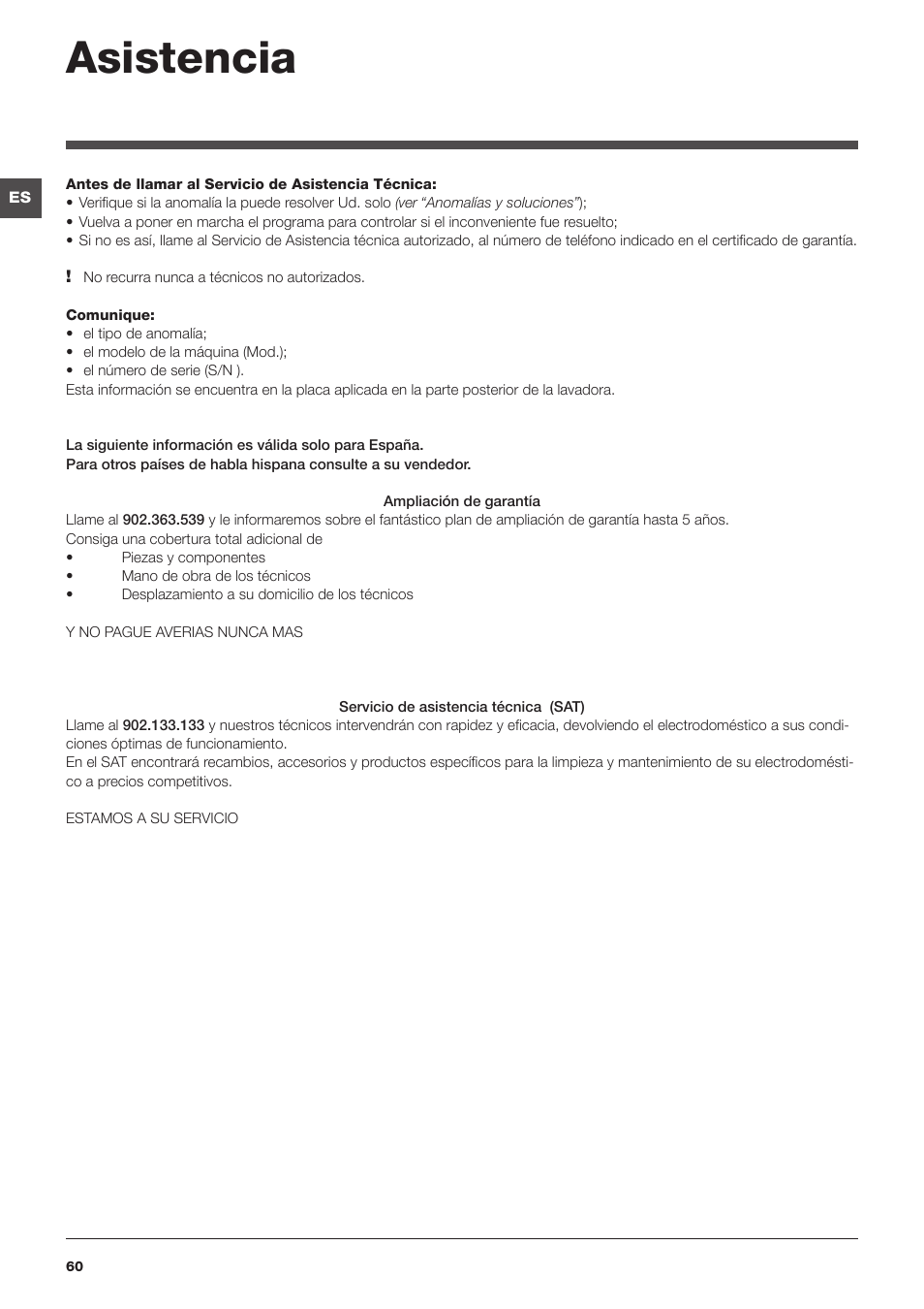 Asistencia | Indesit IWTE 61281 ECO User Manual | Page 60 / 84