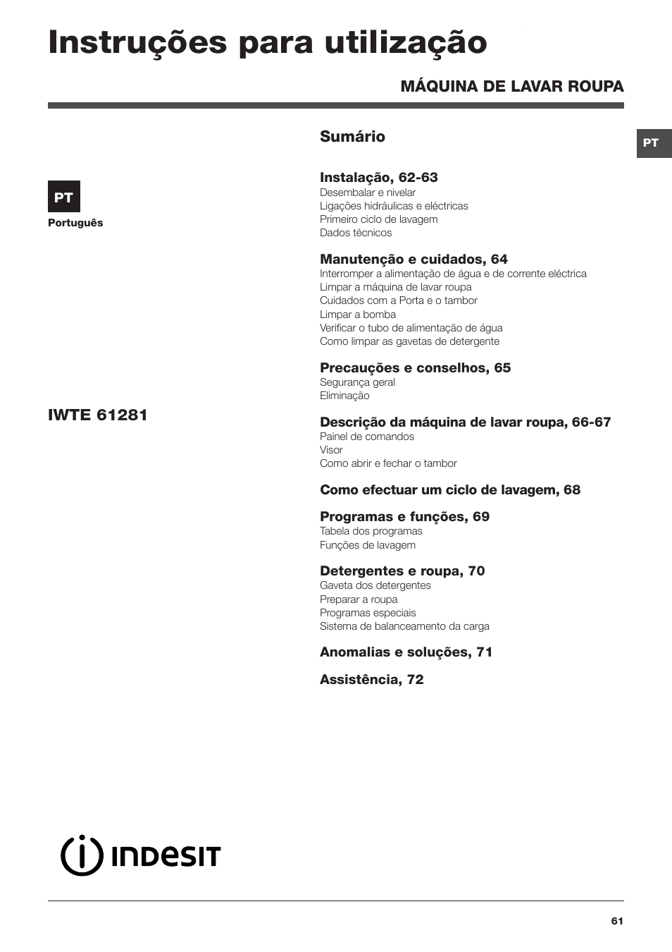 Instruções para utilização | Indesit IWTE 61281 ECO User Manual | Page 61 / 84