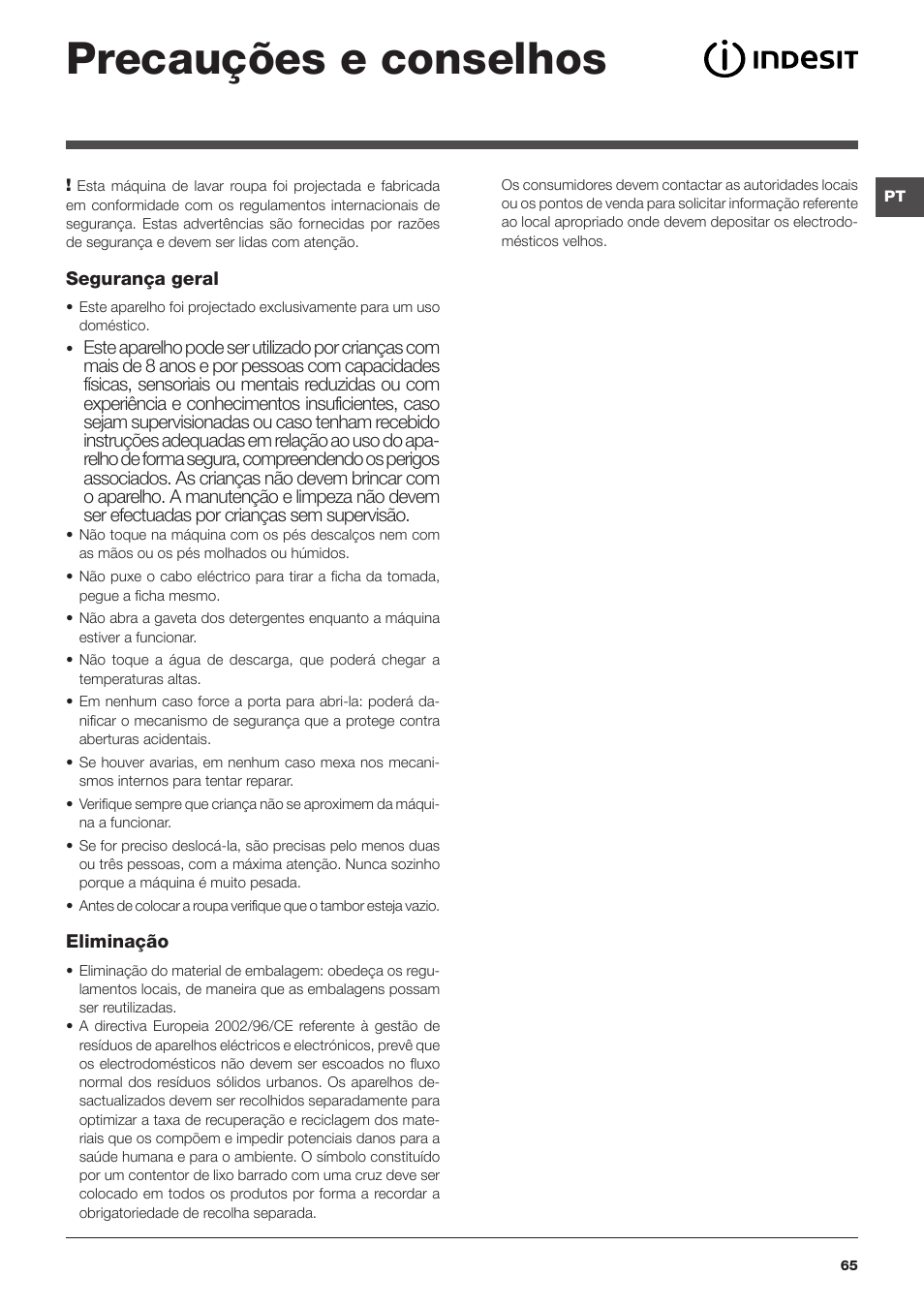 Precauções e conselhos | Indesit IWTE 61281 ECO User Manual | Page 65 / 84