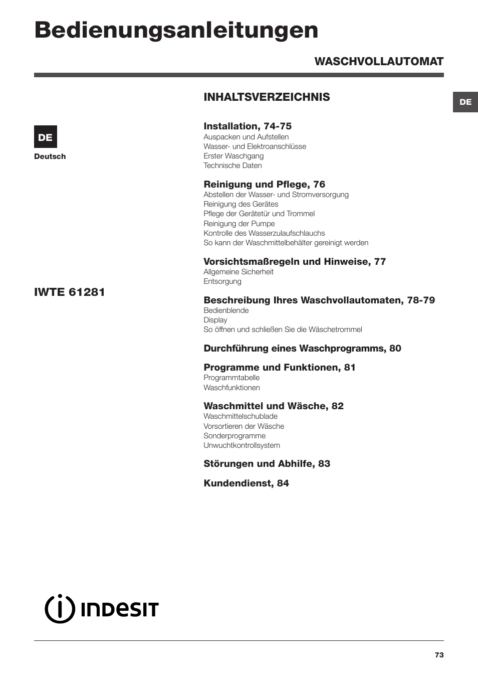 Bedienungsanleitungen | Indesit IWTE 61281 ECO User Manual | Page 73 / 84