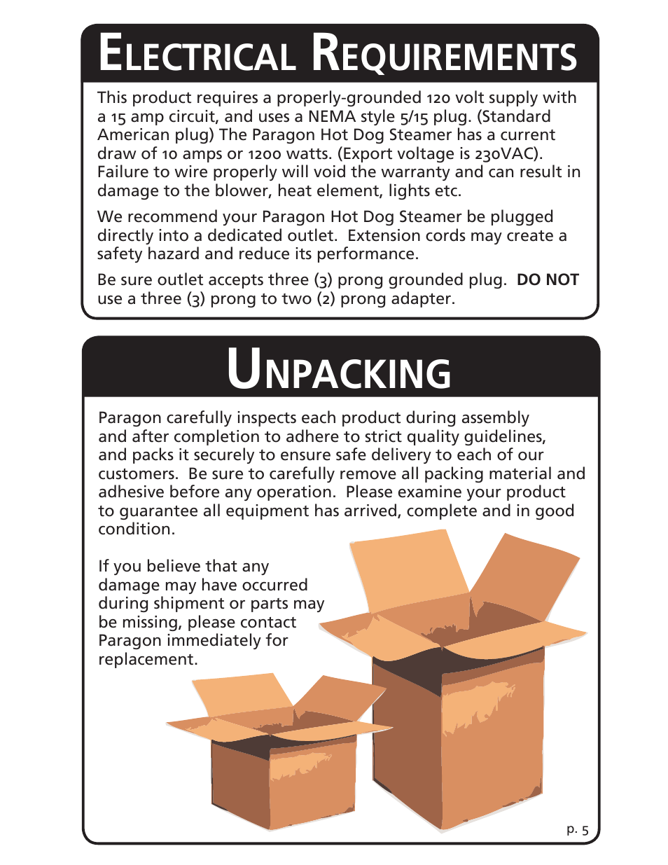 Npacking, Lectrical, Equirements | Paragon 8220 (220v) DogHut User Manual | Page 5 / 12