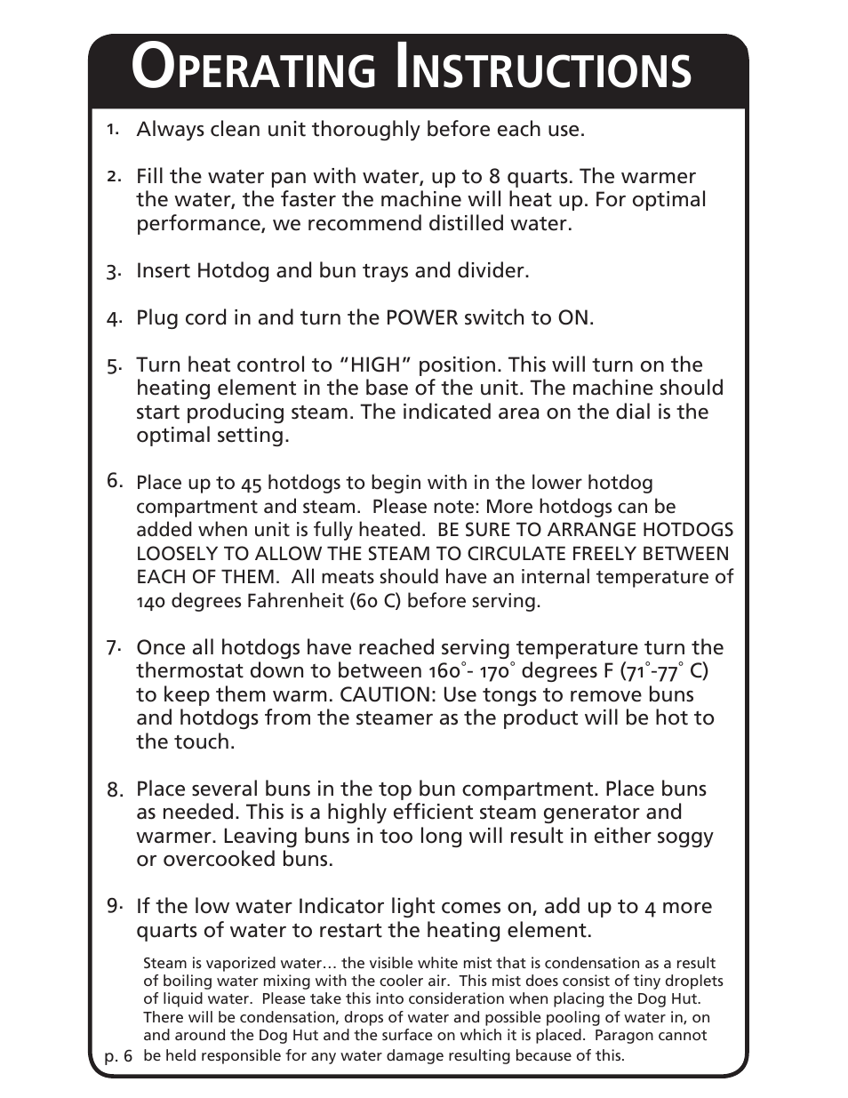 Perating, Nstructions | Paragon 8220 (220v) DogHut User Manual | Page 6 / 12