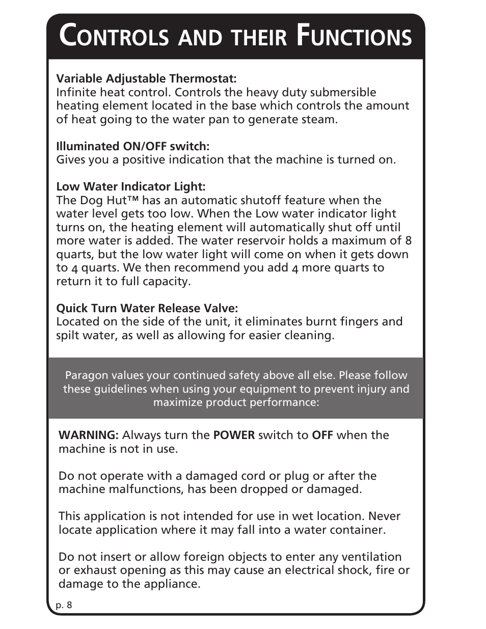 Ontrols, Their, Unctions | Paragon 8220 (220v) DogHut User Manual | Page 8 / 12