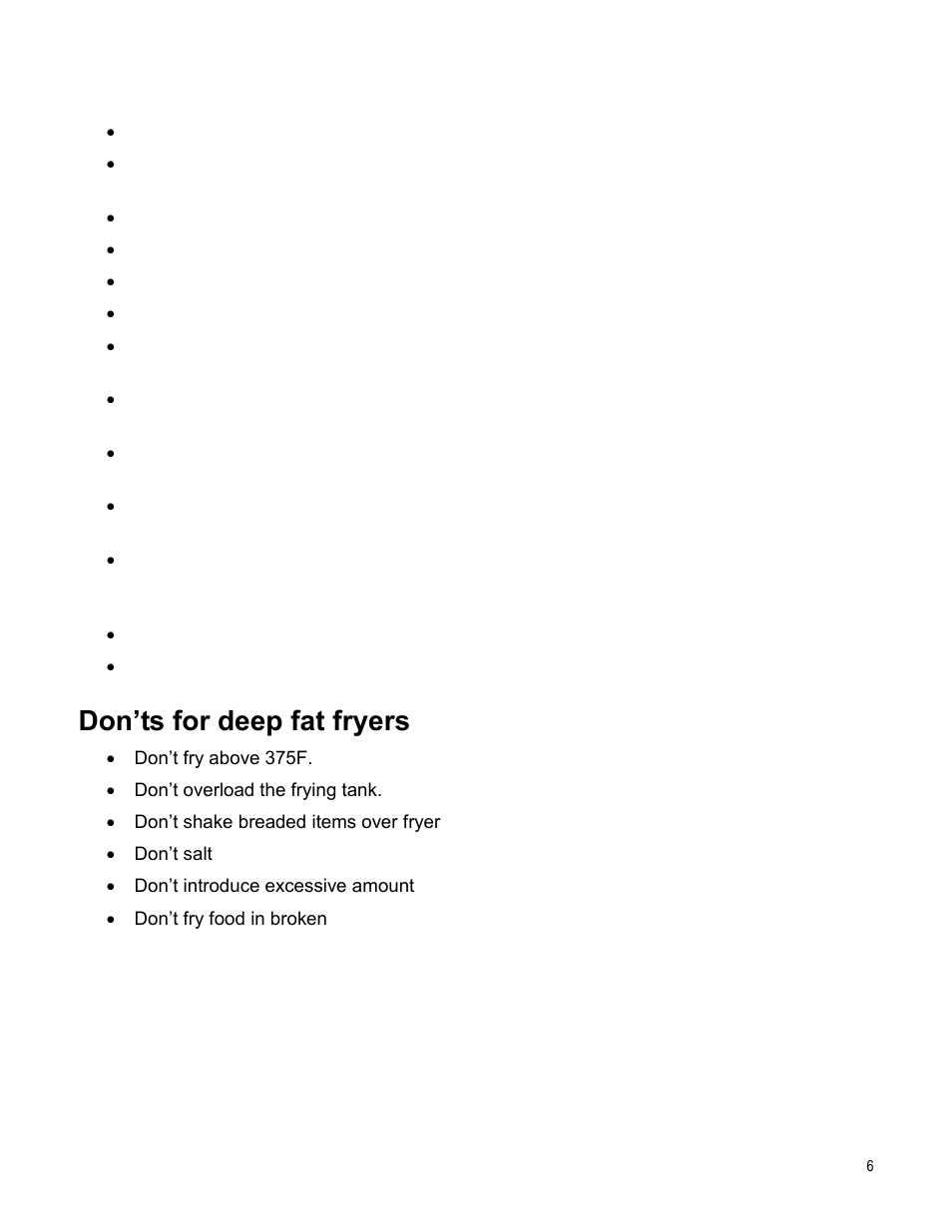 Operating cautions, Don’ts for deep fat fryers | Paragon 9050 (240V) MIGHTYCORN DOG FRYER 3000 User Manual | Page 6 / 11