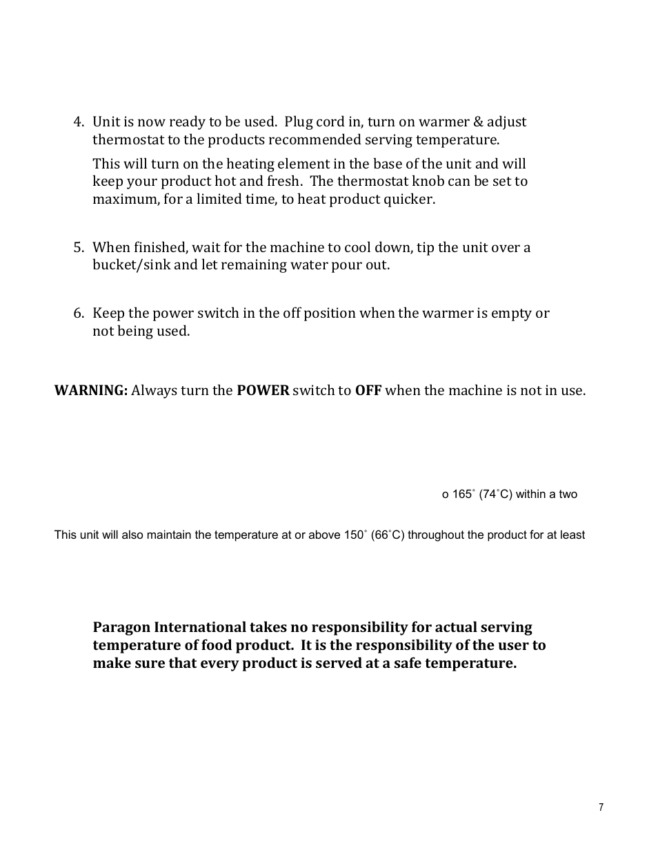 Regenerating and holding of food temperature | Paragon 2029 Series-Dual Water Vessel Warmers User Manual | Page 7 / 8