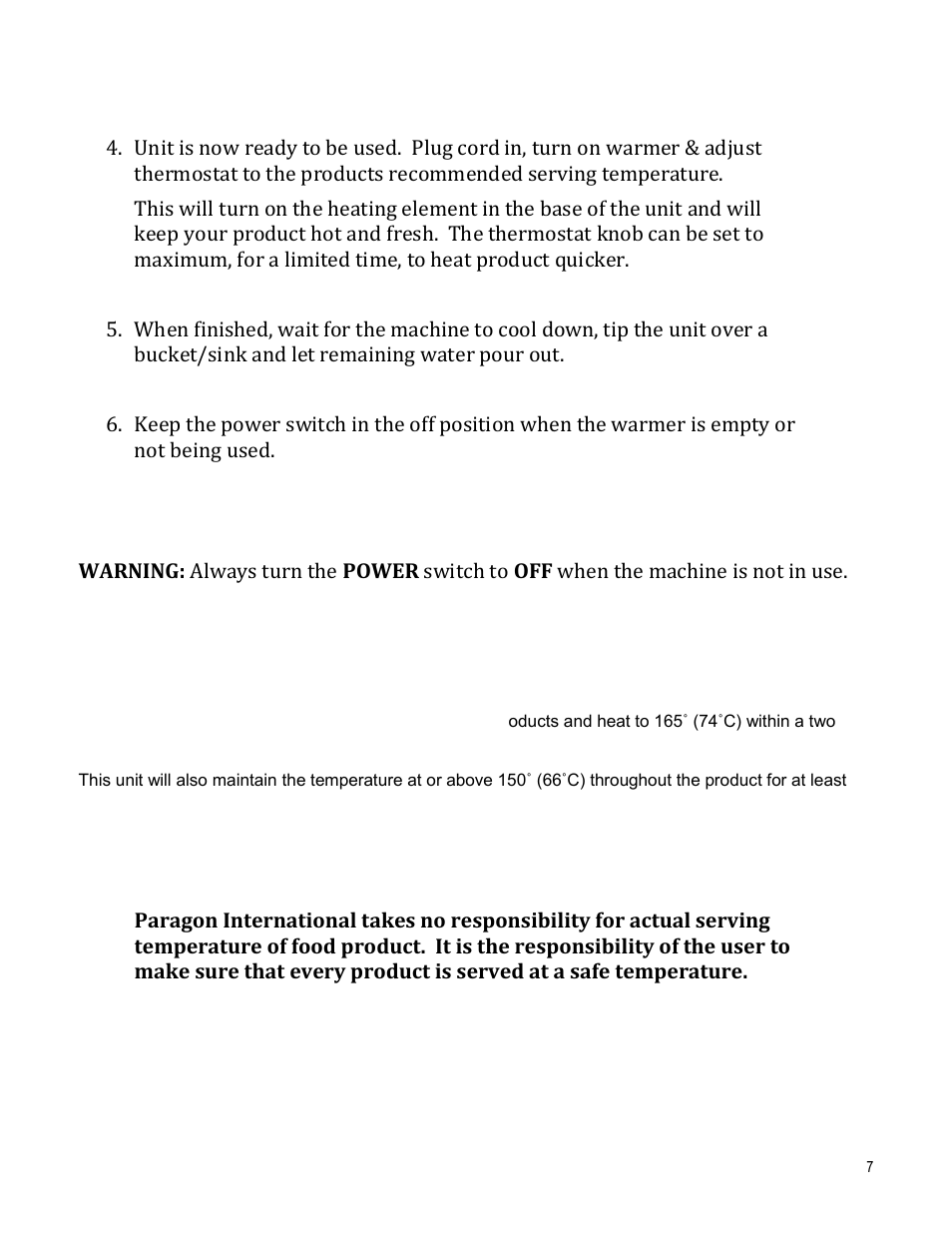 Regenerating and holding of food temperature | Paragon 2028 Series-Single Water Vessel Warmers User Manual | Page 7 / 8