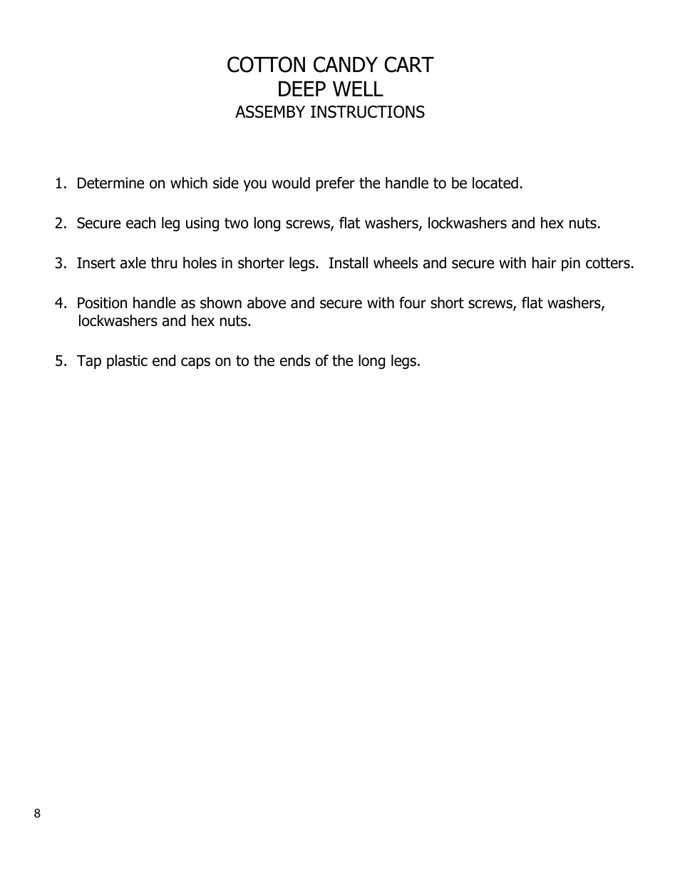 Instruction sheet assembly, Cotton candy cart deep well | Paragon 3060050 DEEP WELL CART User Manual | Page 8 / 9
