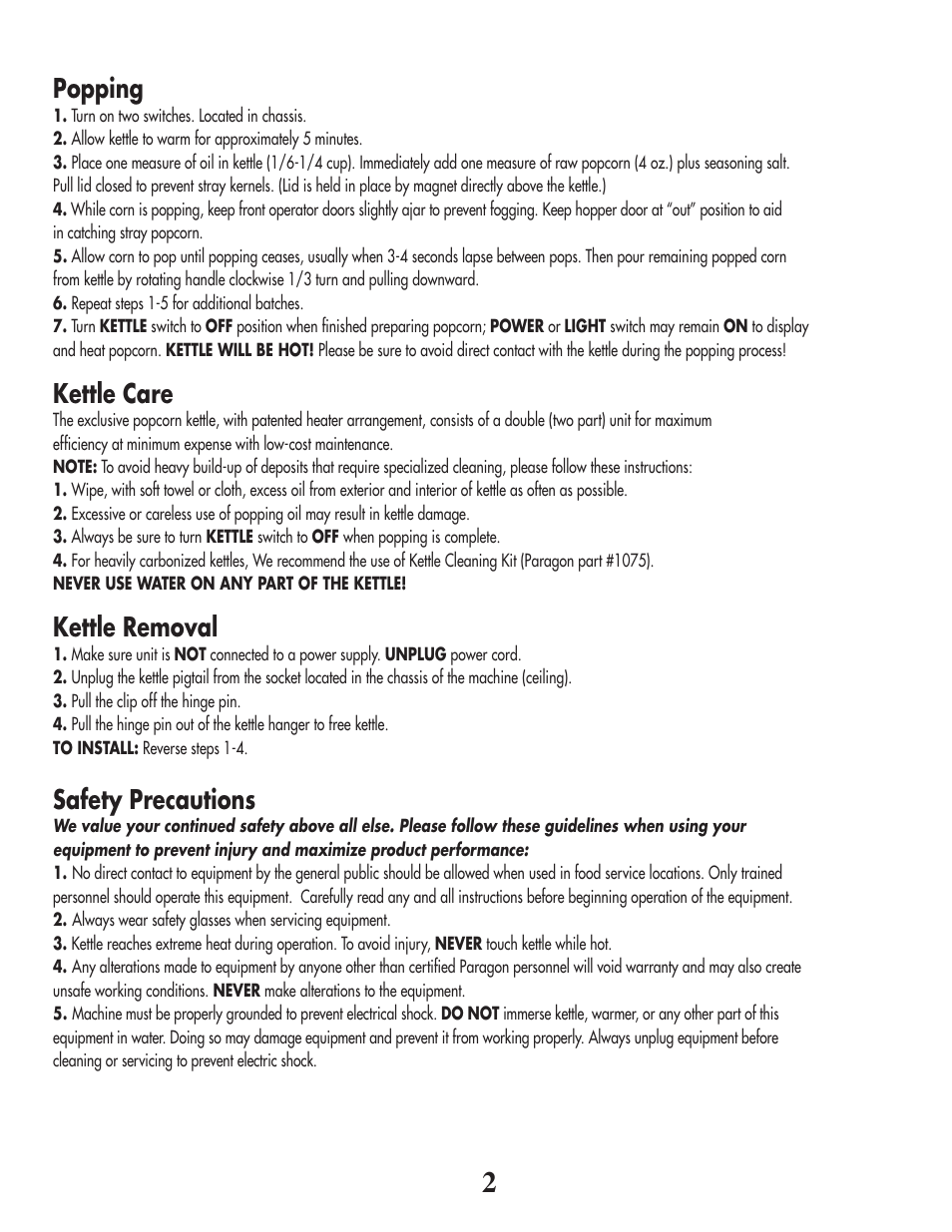 Popping, Kettle care, Kettle removal | Safety precautions | Paragon H-D METALLIC FLAMES POPCORN MACHINE User Manual | Page 2 / 4