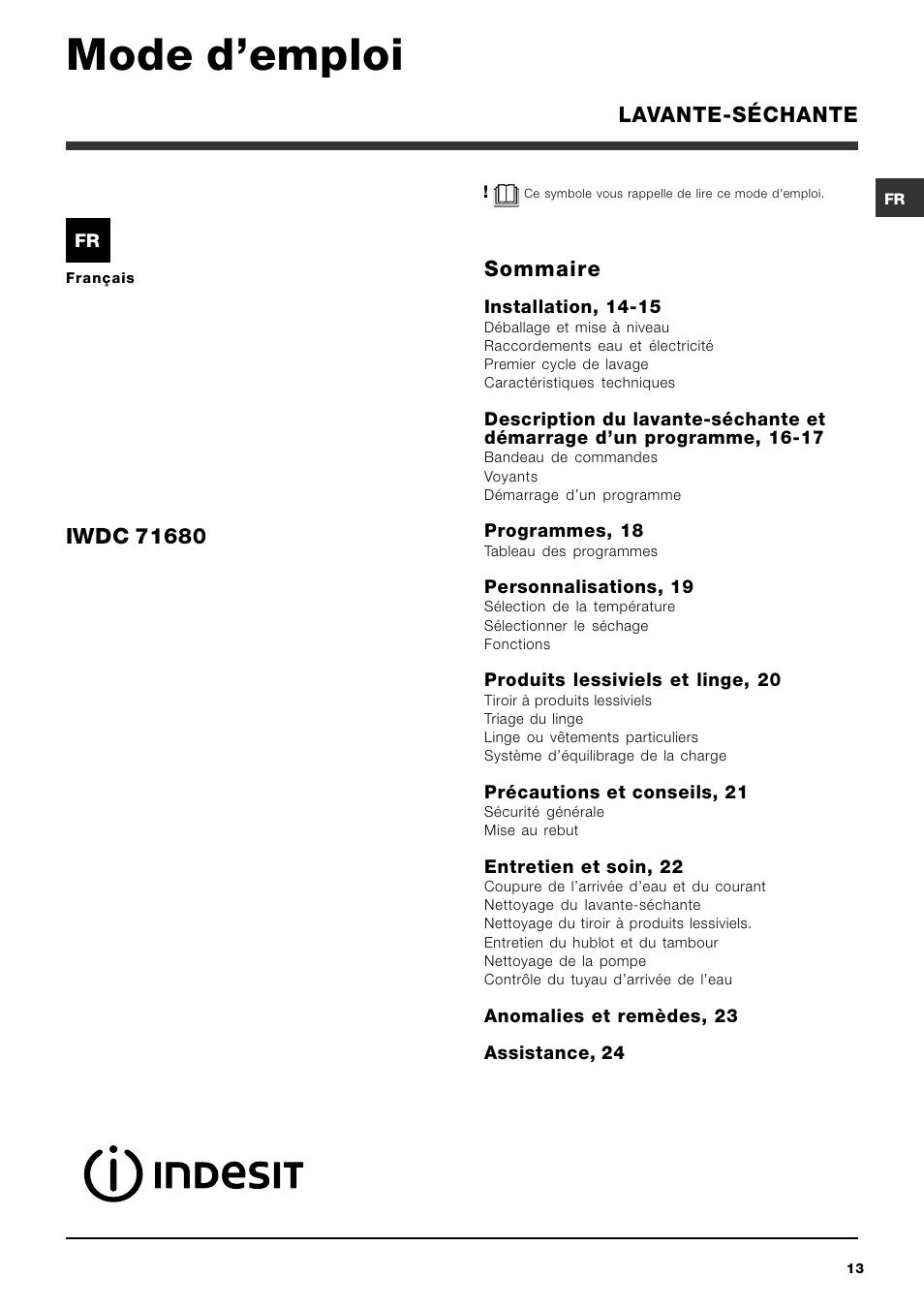Mode demploi, Sommaire, Lavante-séchante | Indesit IWDC 71680 User Manual | Page 13 / 84