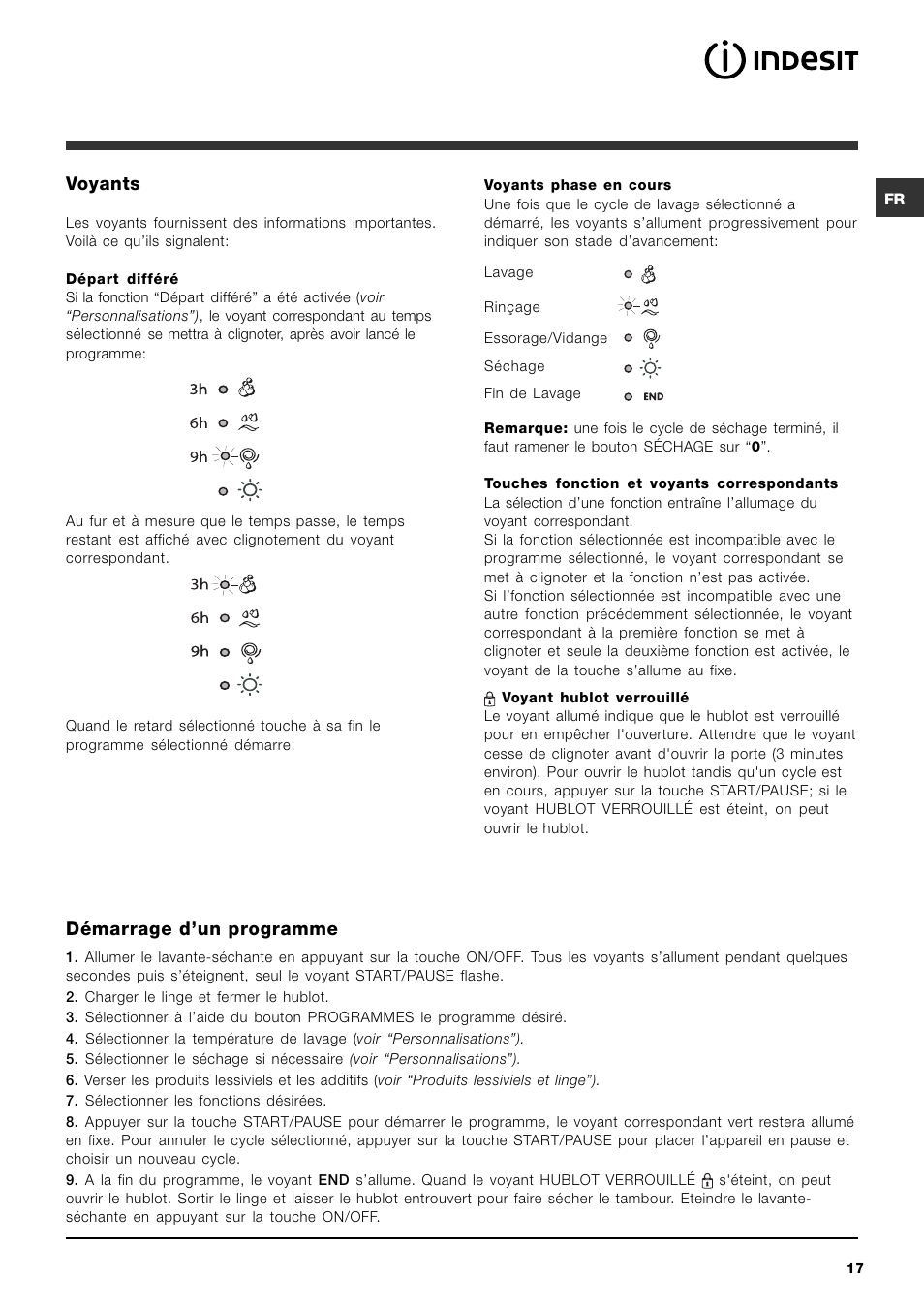 Voyants, Démarrage dun programme | Indesit IWDC 71680 User Manual | Page 17 / 84