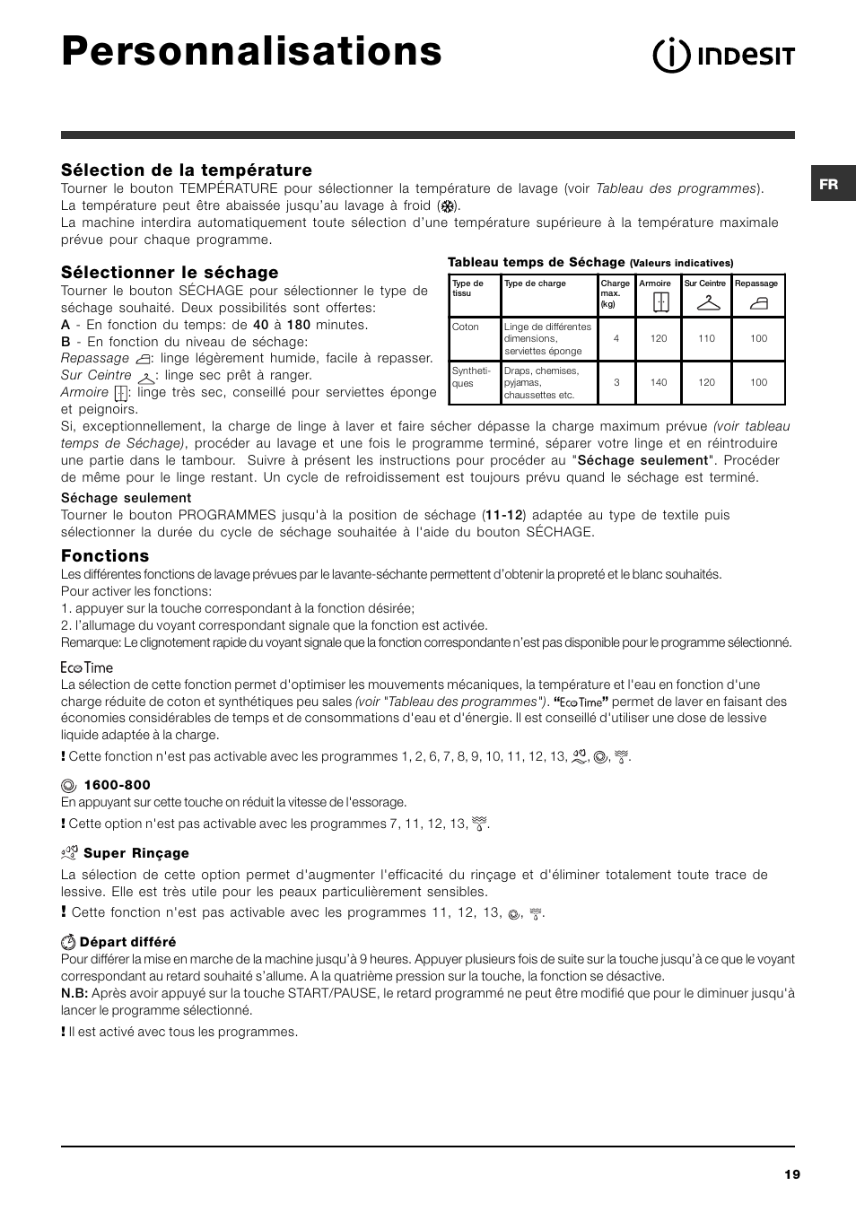 Personnalisations, Sélection de la température, Sélectionner le séchage | Fonctions | Indesit IWDC 71680 User Manual | Page 19 / 84
