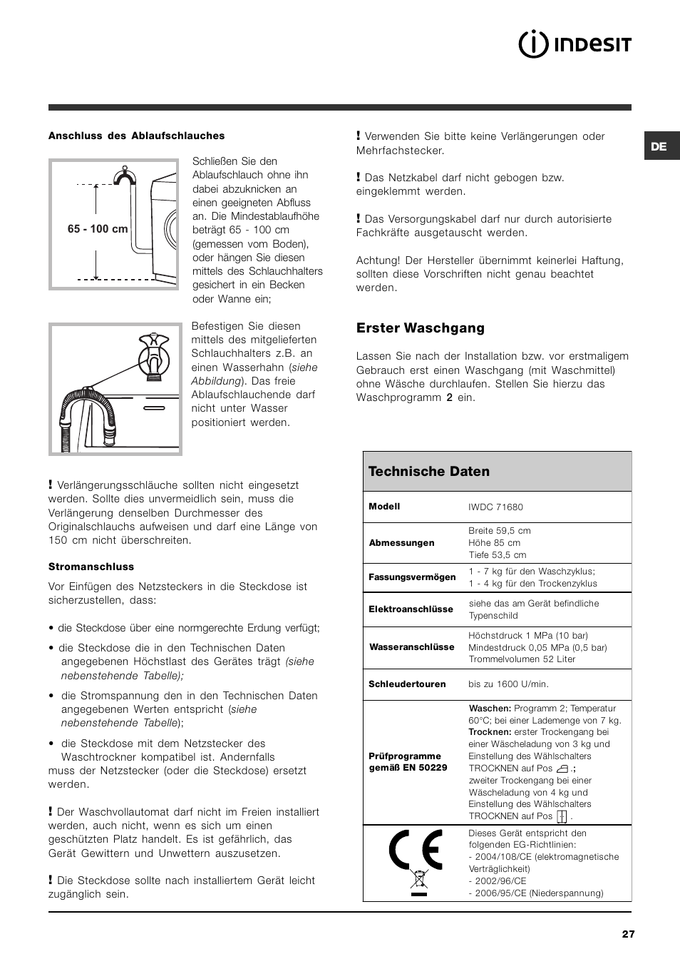 Technische daten, Erster waschgang | Indesit IWDC 71680 User Manual | Page 27 / 84