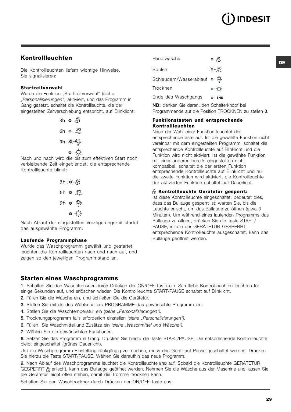 Kontrollleuchten, Starten eines waschprogramms | Indesit IWDC 71680 User Manual | Page 29 / 84