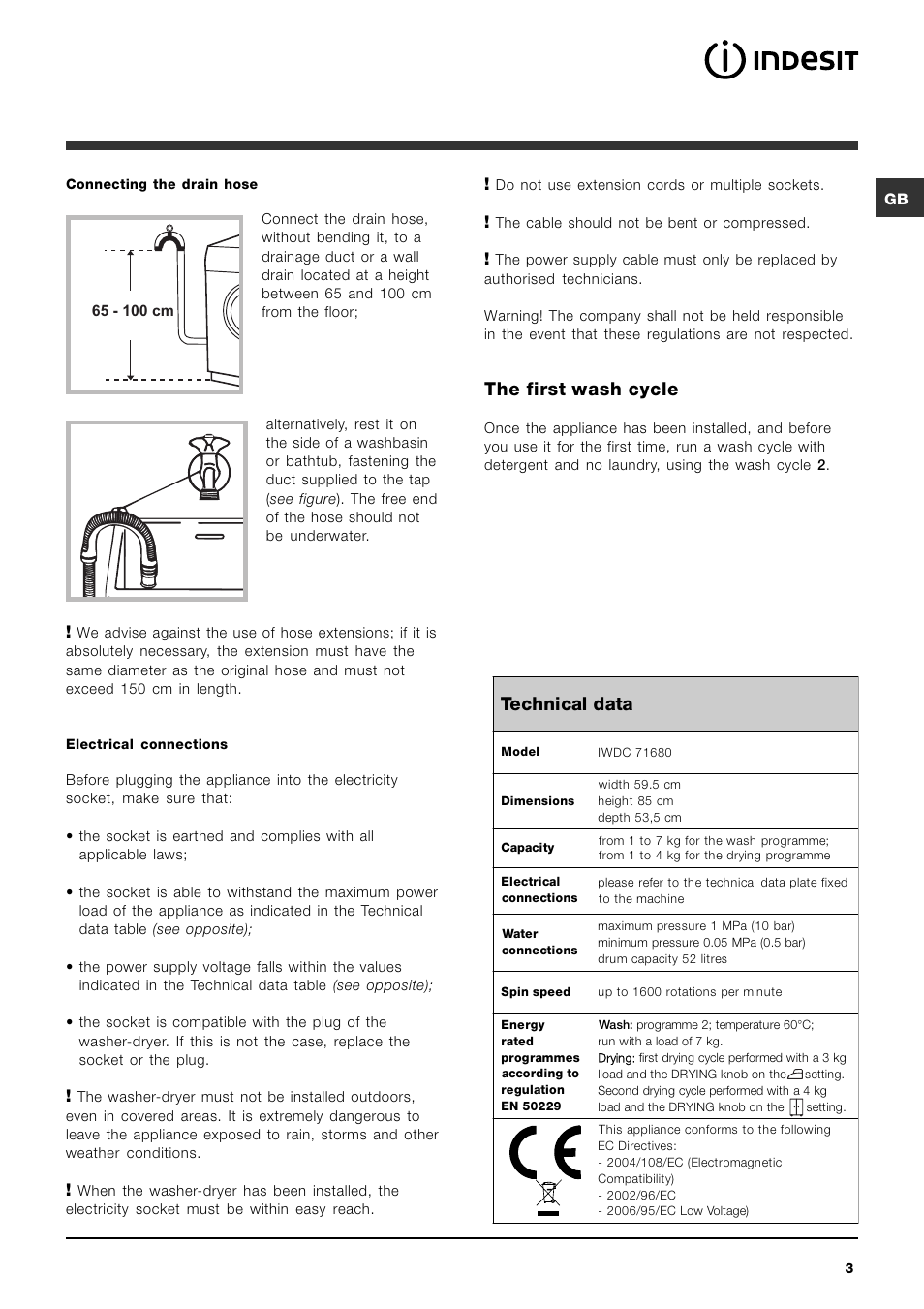 Technical data, The first wash cycle | Indesit IWDC 71680 User Manual | Page 3 / 84