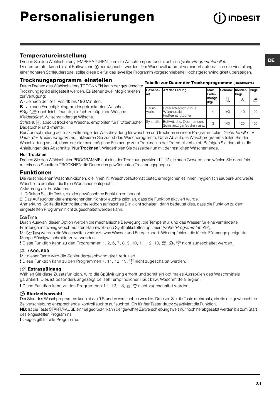 Personalisierungen, Temperatureinstellung, Trocknungsprogramm einstellen | Funktionen | Indesit IWDC 71680 User Manual | Page 31 / 84