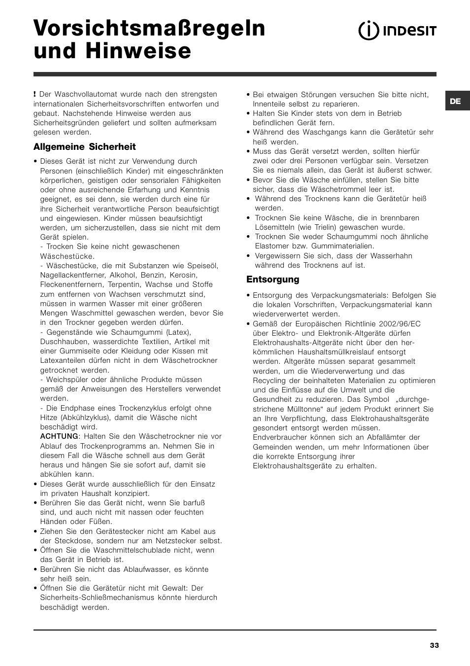 Vorsichtsmaßregeln und hinweise | Indesit IWDC 71680 User Manual | Page 33 / 84