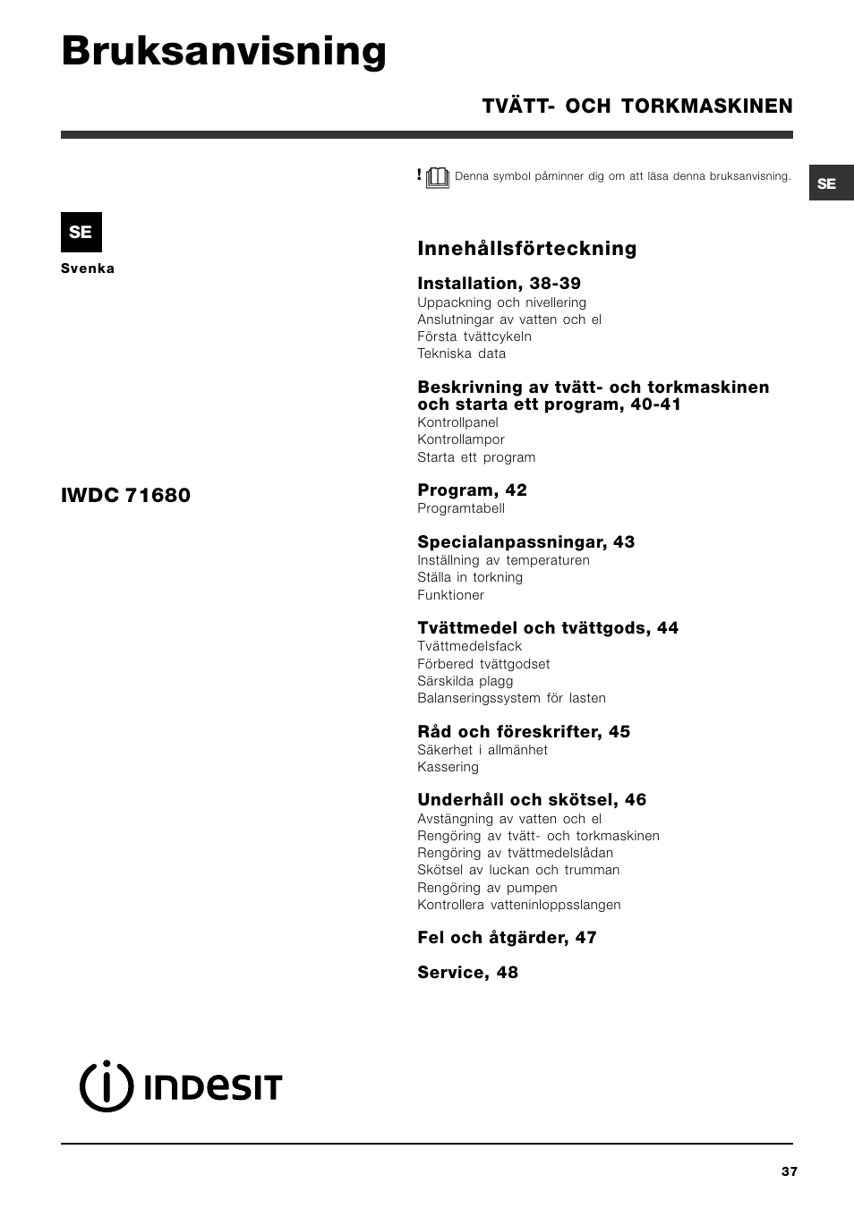 Bruksanvisning, Innehållsförteckning, Tvätt- och torkmaskinen | Indesit IWDC 71680 User Manual | Page 37 / 84
