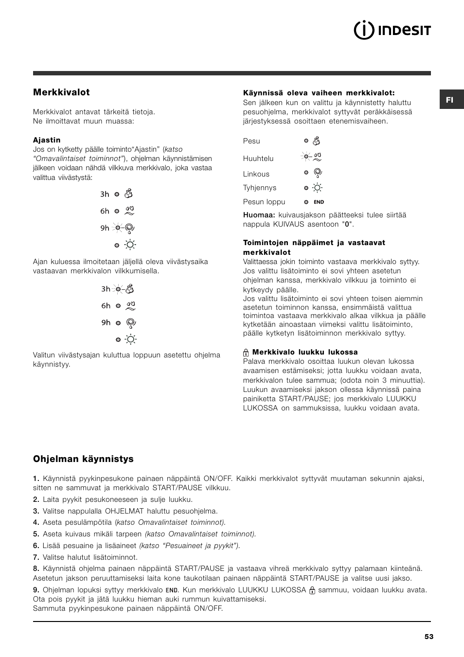 Merkkivalot, Ohjelman käynnistys | Indesit IWDC 71680 User Manual | Page 53 / 84